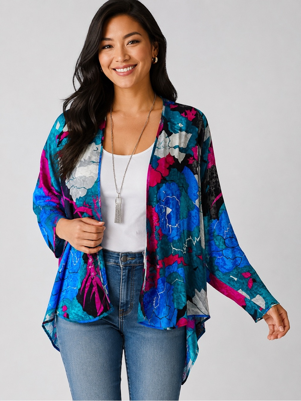 Bella Valentina for Vica Moda 100% Silk Floral Open Front Cardigan Cover Up Sz S